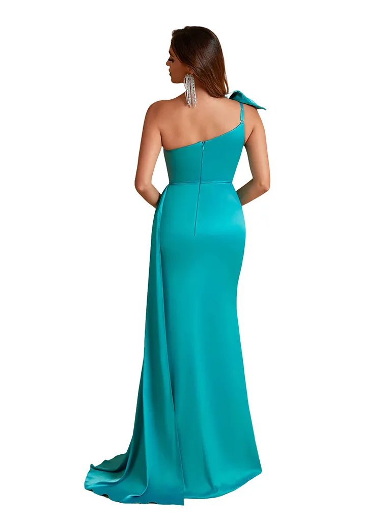 Sexy One Shoulder Bow Knot Side Split Mermaid Silky Satin Long Bridesmaid Dresses sold by ChicSew product image thumbnail 3