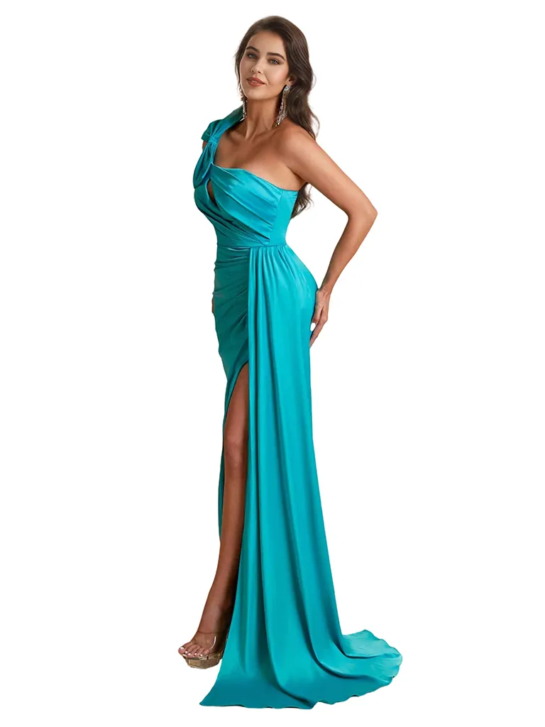 Sexy One Shoulder Bow Knot Side Split Mermaid Silky Satin Long Bridesmaid Dresses sold by ChicSew product image thumbnail 4