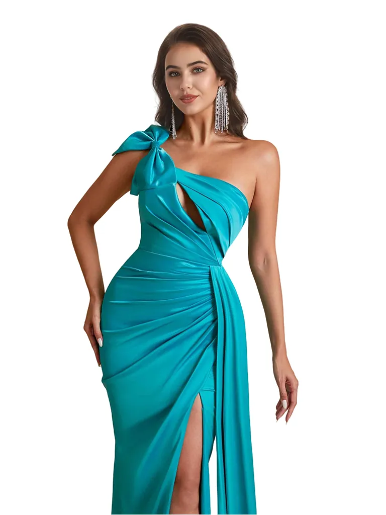 Sexy One Shoulder Bow Knot Side Split Mermaid Silky Satin Long Bridesmaid Dresses sold by ChicSew product image thumbnail 2