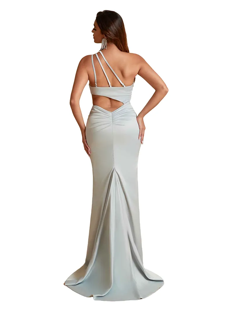Unique One Shoulder Side Split Mermaid Silky Satin Long Bridesmaid Dresses Online sold by ChicSew product image thumbnail 3