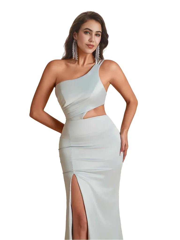 Unique One Shoulder Side Split Mermaid Silky Satin Long Bridesmaid Dresses Online sold by ChicSew product image thumbnail 2