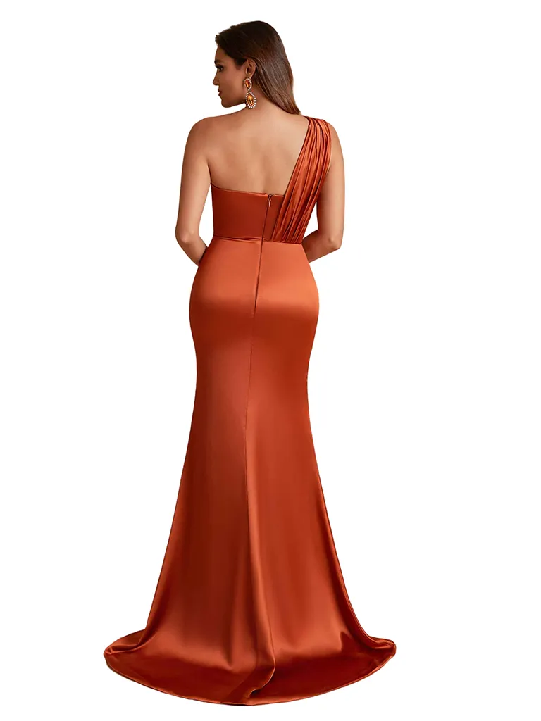 Sexy One Shoulder Mermaid Silky Satin Long Bridesmaid Dresses Side Split sold by ChicSew product image thumbnail 3