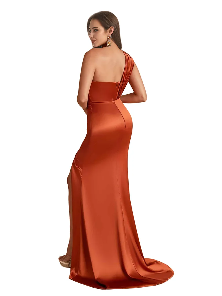 Sexy One Shoulder Mermaid Silky Satin Long Bridesmaid Dresses Side Split sold by ChicSew product image thumbnail 4