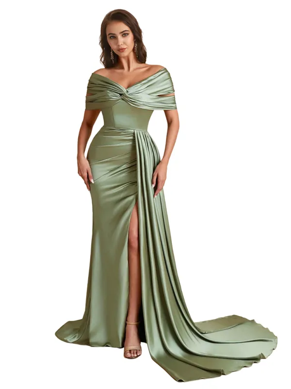Elegant Off The Shoulder Mermaid Unique Satin Side Split Pleated Long Bridesmaid Dresses sold by ChicSew