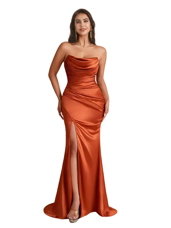 Sexy Mermaid Cowl Neck Ruched Satin Boho Long Bridesmaid Dresses Side Split sold by ChicSew