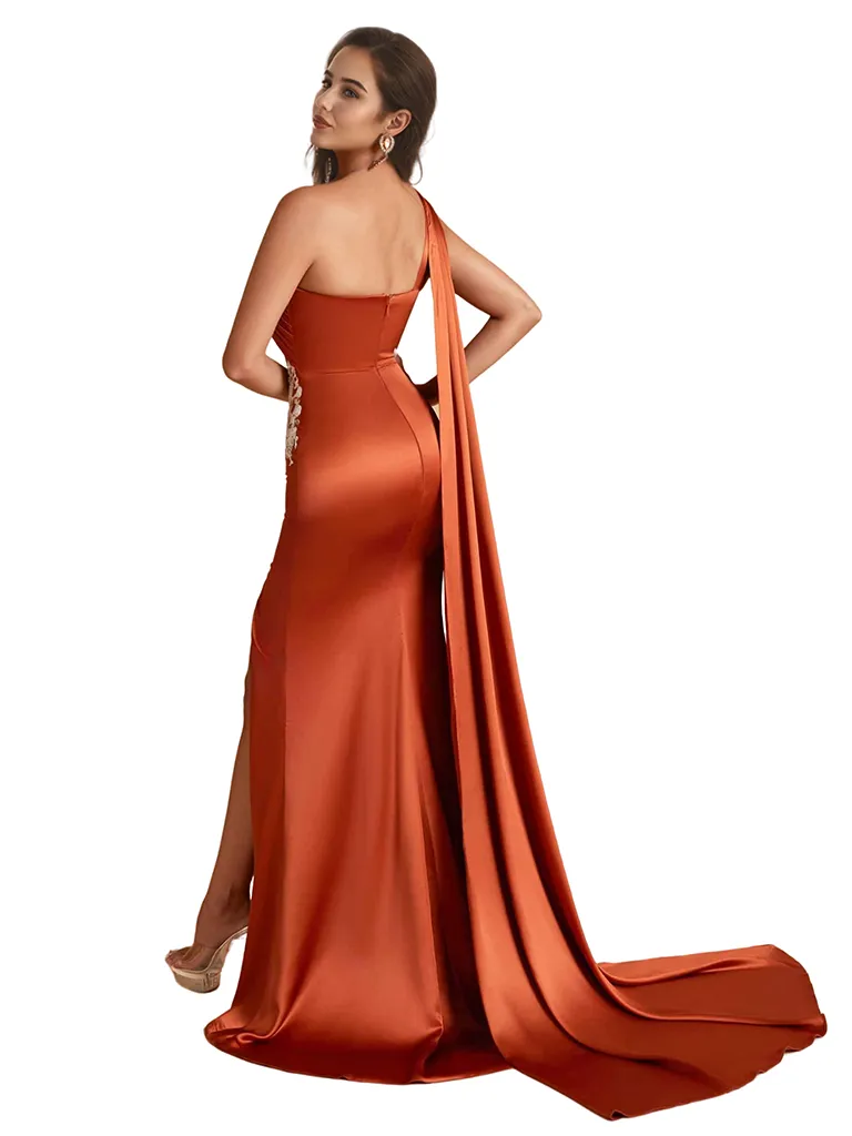 Sexy One Shoulder Lace Unique Satin Mermaid Long Bridesmaid Dresses Side Split sold by ChicSew product image thumbnail 4