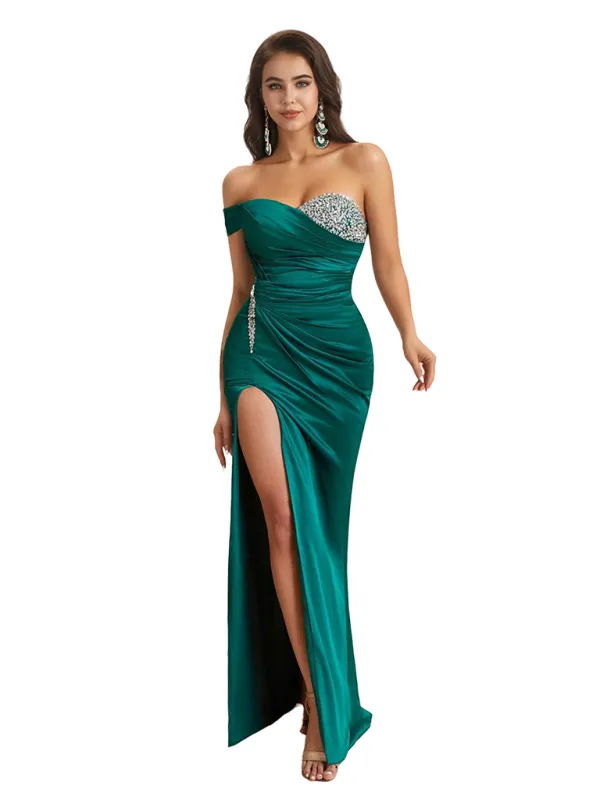 Beaded One Shoulder Mermaid Silky Satin Pretty Long Bridesmaid Dresses Side Slit sold by ChicSew