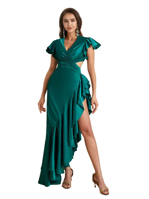 Sexy Cap Sleeves Ruffle Silky Satin Mermaid Side Slit Maxi Bridesmaid Dresses Online sold by ChicSew
