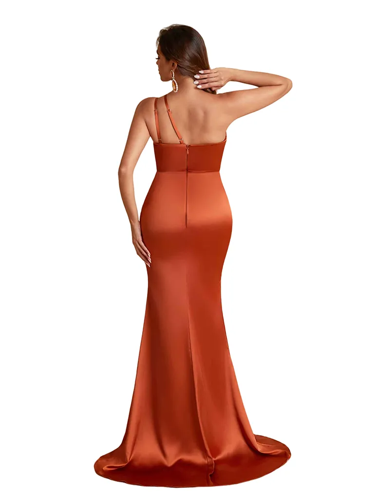 Modern One Shoulder Mermaid Ruched Satin Pretty Long Bridesmaid Dresses Side Split sold by ChicSew product image thumbnail 3