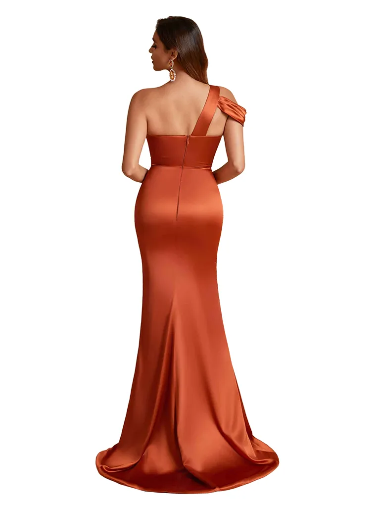 Sexy Silky Satin One Shoulder Mermaid Side Slit Long Bridesmaid Dresses Online sold by ChicSew product image thumbnail 3