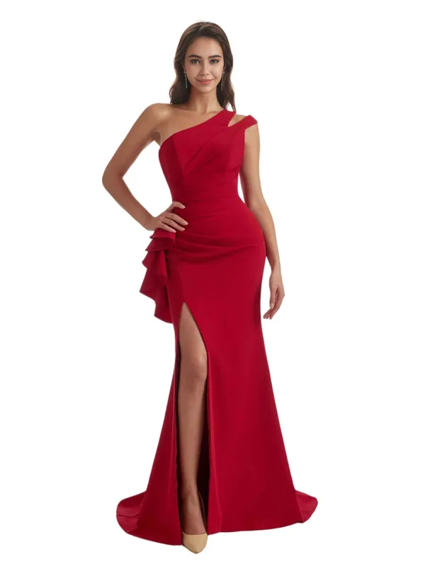 Sexy Mermaid Side Slit One Shoulder Crepe Long Bridesmaid Dress For Wedding sold by ChicSew