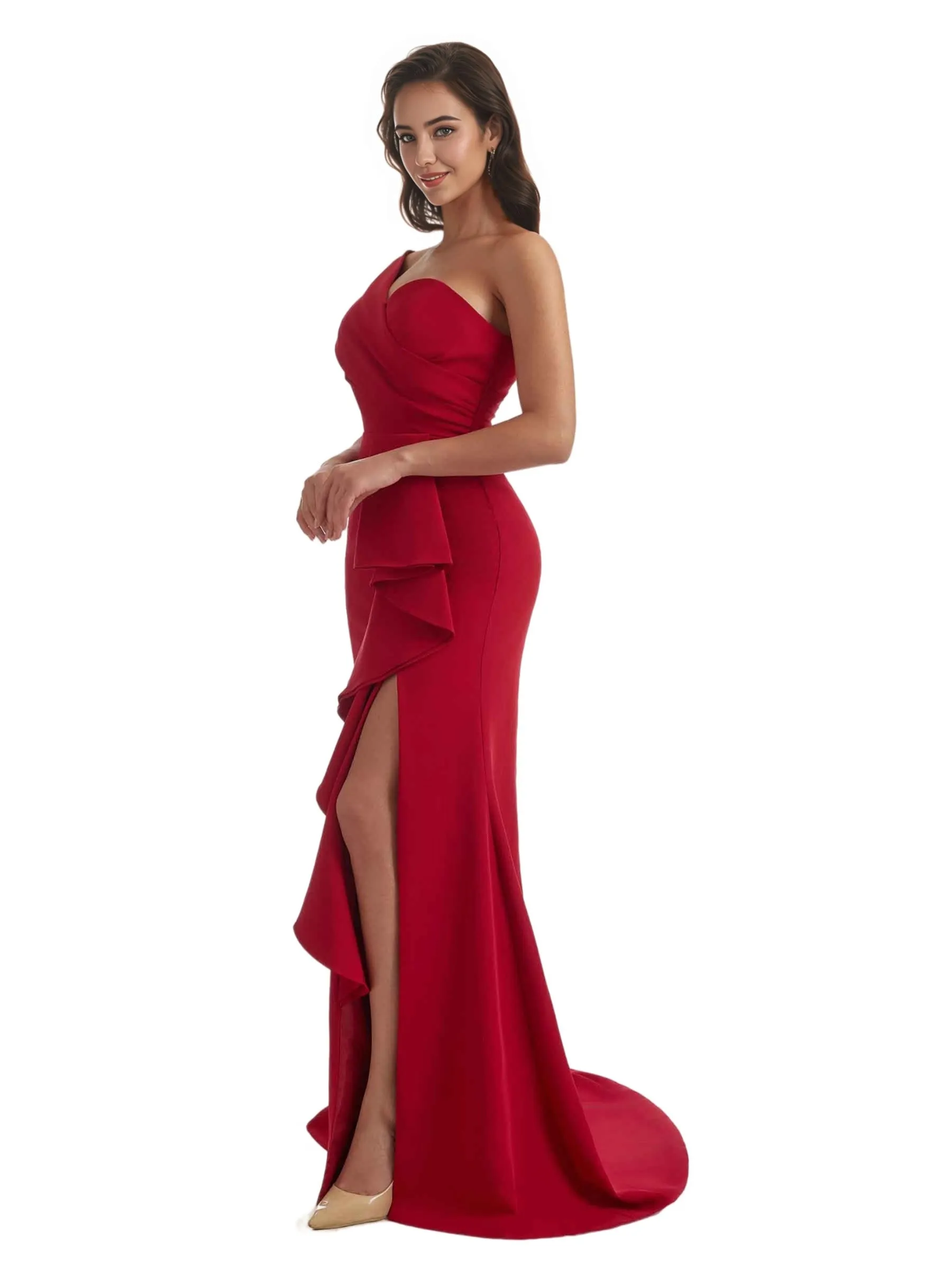 Sexy Mermaid Side Slit One Shoulder Crepe Long Bridesmaid Dress For Wedding sold by ChicSew product image thumbnail 4