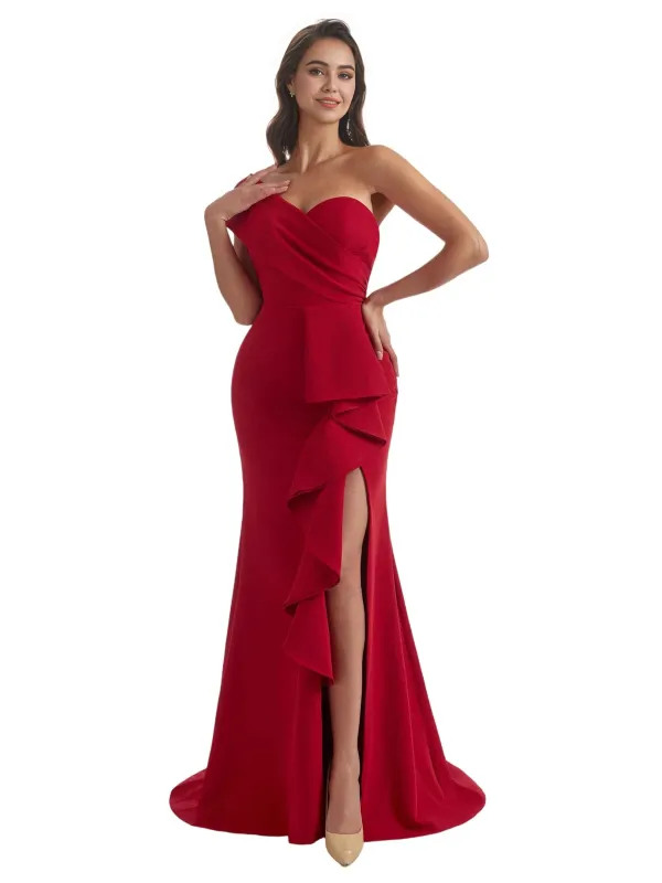 Sexy Mermaid Side Slit One Shoulder Crepe Long Bridesmaid Dress For Wedding sold by ChicSew