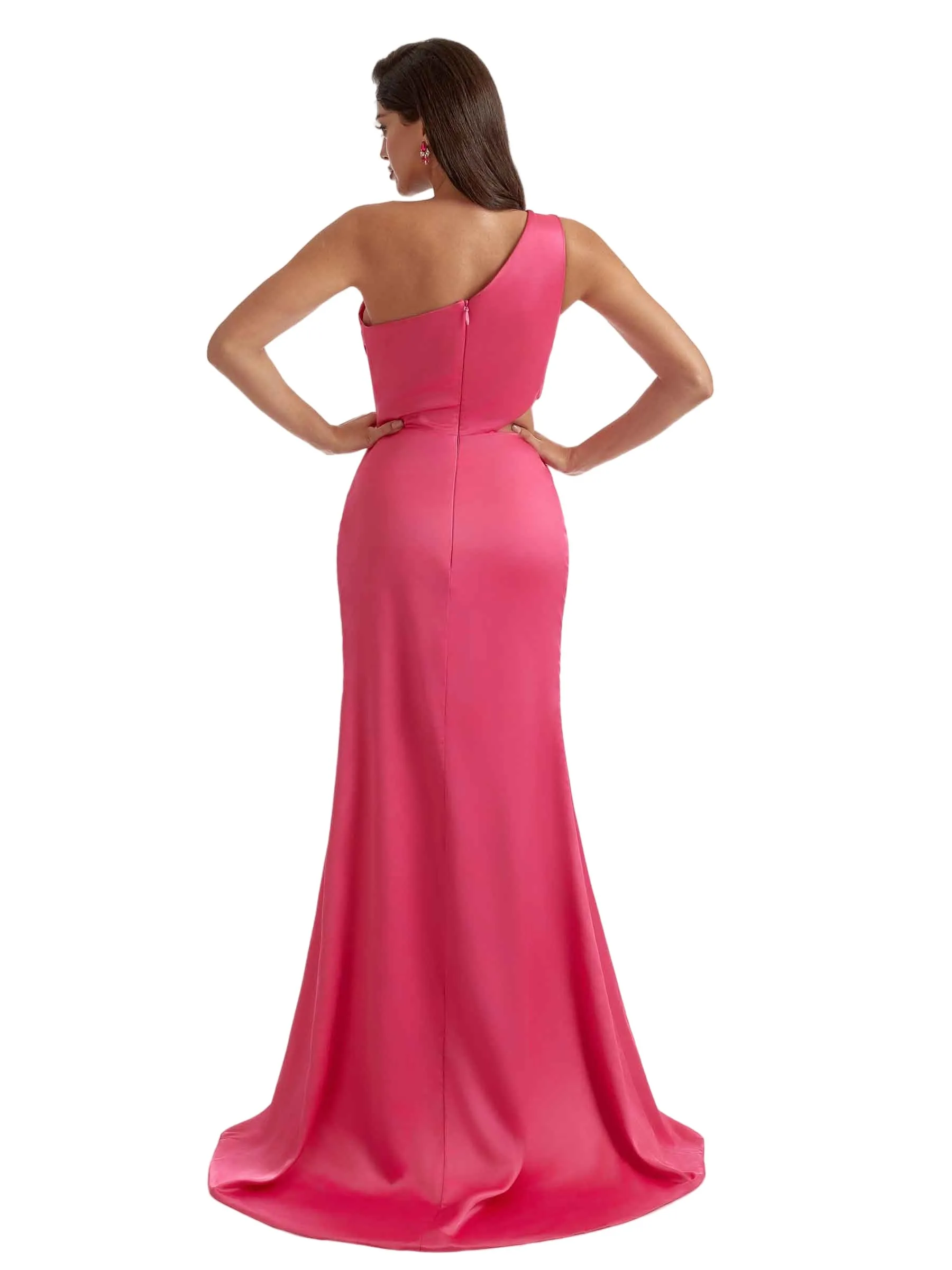 Sexy One Shoulder Ruched Satin Side Split Mermaid Long Bridesmaid Dresses Online sold by ChicSew product image thumbnail 3
