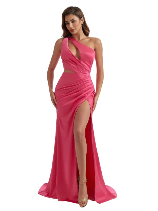 Sexy One Shoulder Ruched Satin Side Split Mermaid Long Bridesmaid Dresses Online sold by ChicSew