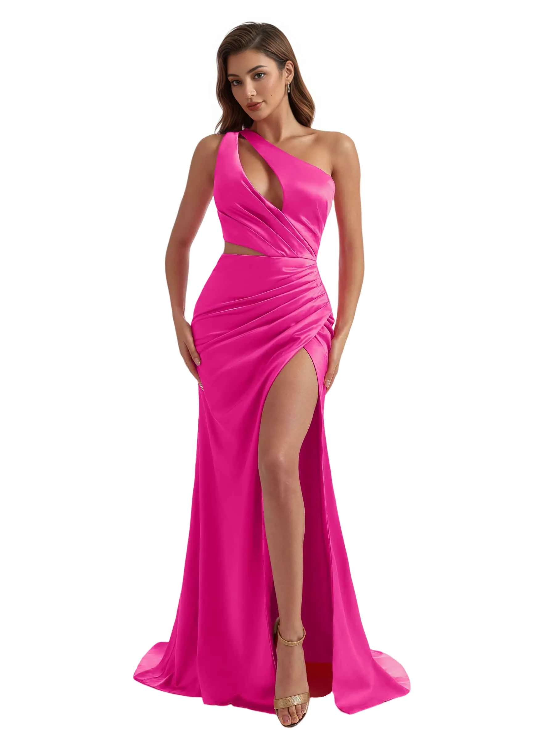 Sexy One Shoulder Ruched Satin Side Split Mermaid Long Bridesmaid Dresses Online sold by ChicSew product image thumbnail 5