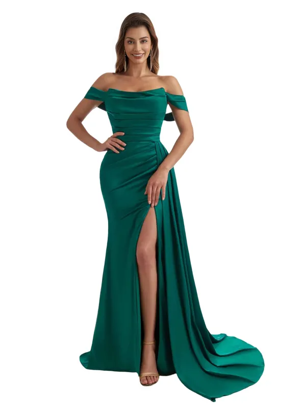 Sexy Off The Shoulder Side Split Mermaid Ruched Satin Pretty Long Bridesmaid Dresses sold by ChicSew
