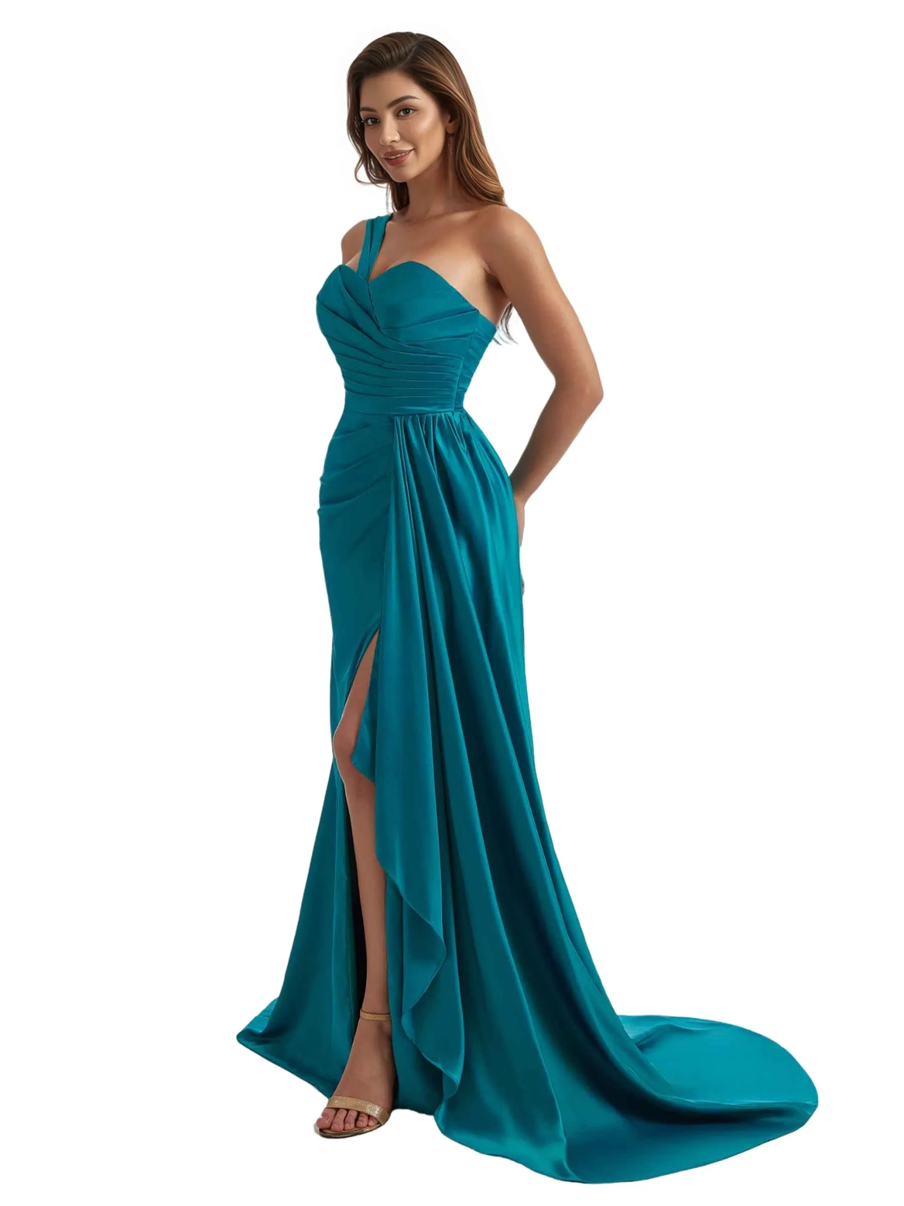 Elegant One Shoulder Mermaid Ruched Satin Chic Long Bridesmaid Dresses Slit Online sold by ChicSew product image thumbnail 4