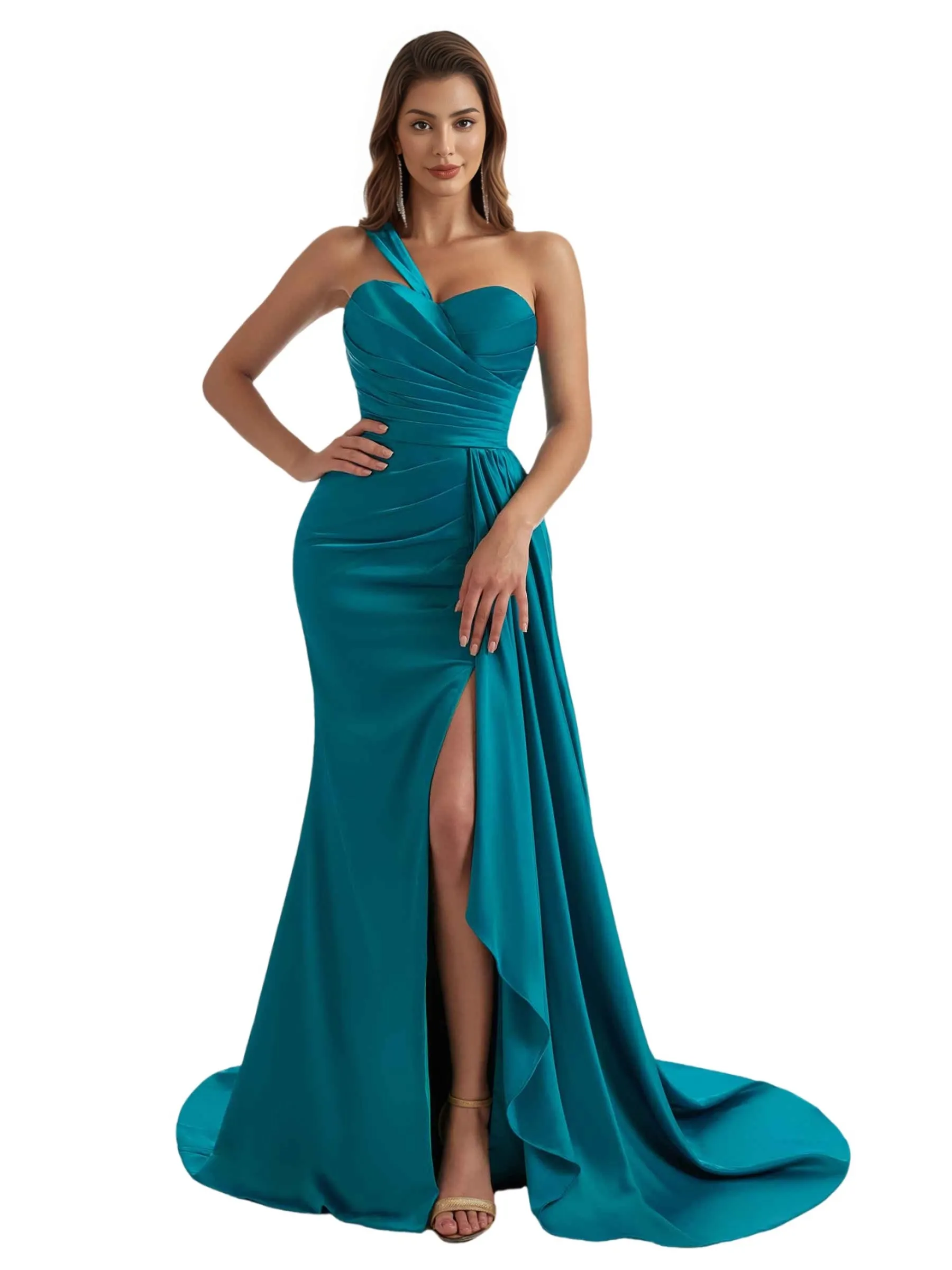 Elegant One Shoulder Mermaid Ruched Satin Chic Long Bridesmaid Dresses Slit Online sold by ChicSew