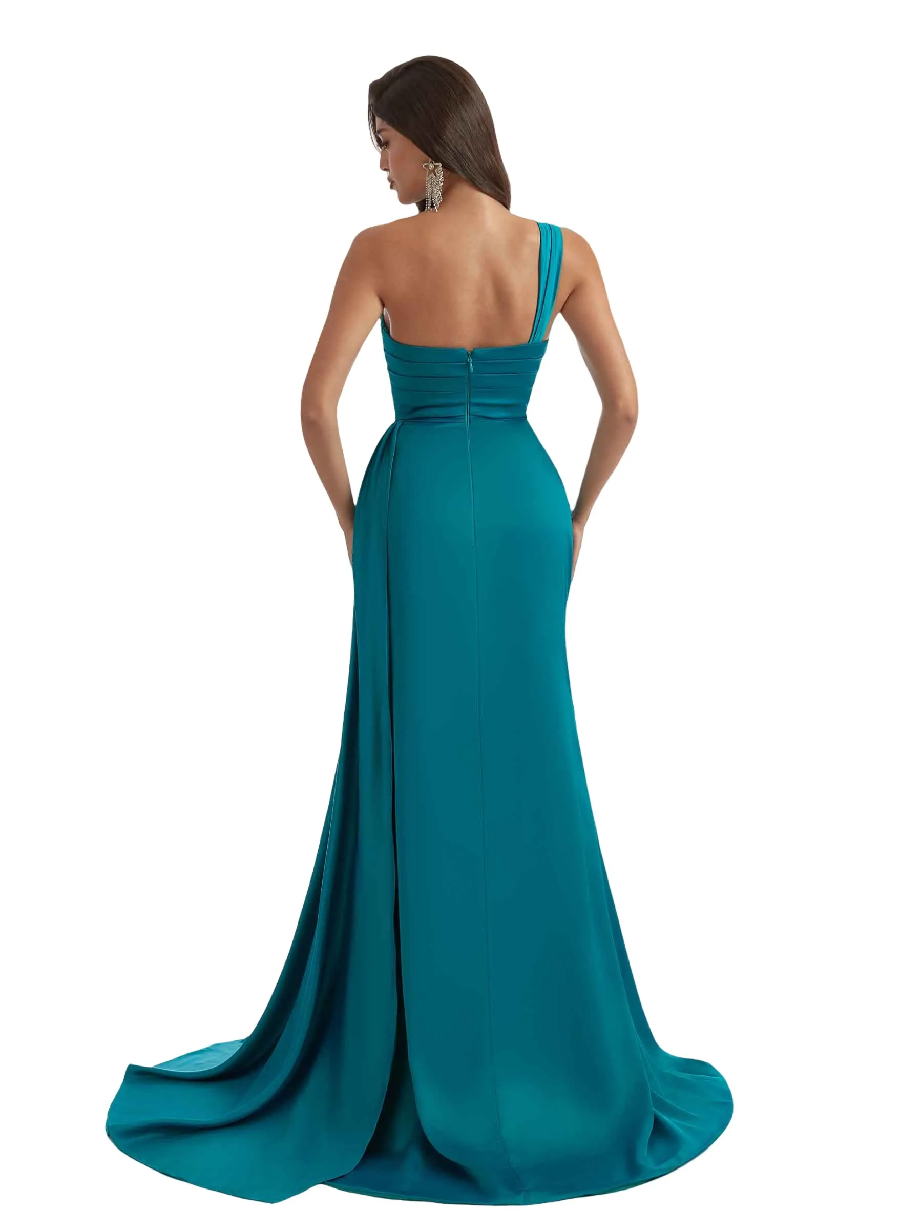 Elegant One Shoulder Mermaid Ruched Satin Chic Long Bridesmaid Dresses Slit Online sold by ChicSew product image thumbnail 3