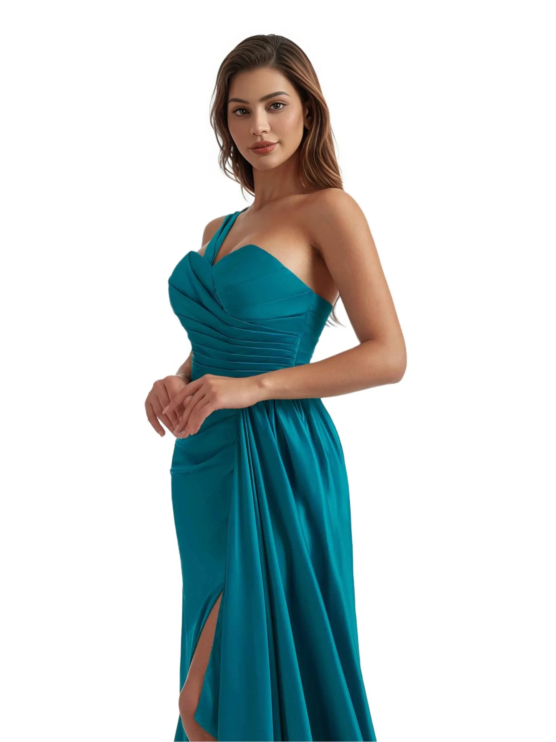 Elegant One Shoulder Mermaid Ruched Satin Chic Long Bridesmaid Dresses Slit Online sold by ChicSew product image thumbnail 2