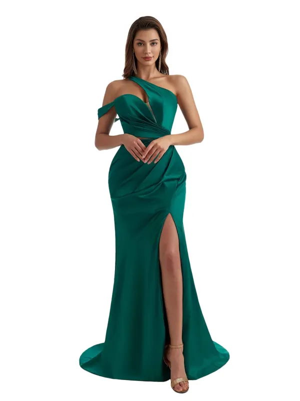 Sexy Mermaid One Shoulder Silky Satin Side Slit Long Bridesmaid Dresses Online sold by ChicSew