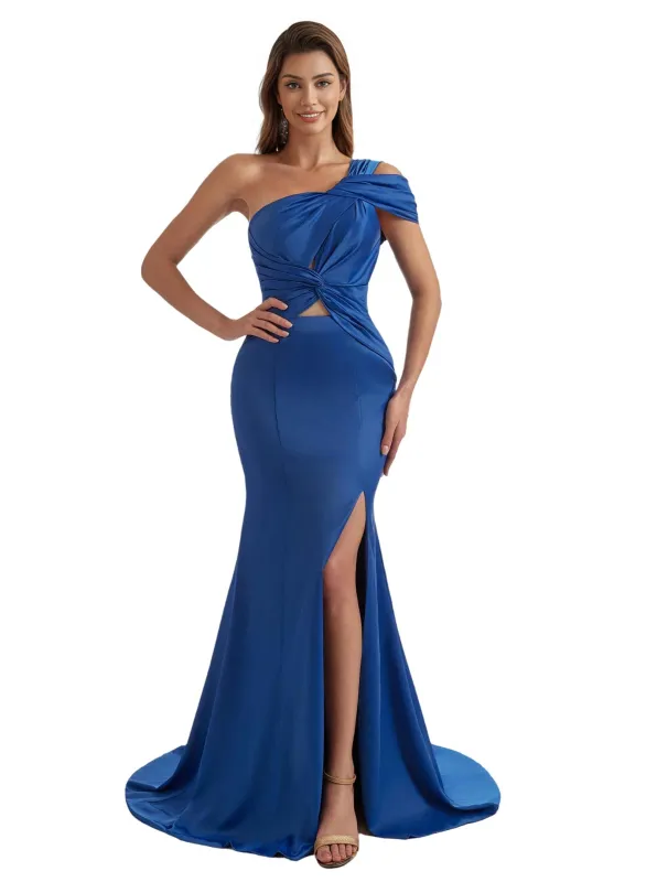 Sexy Unique One Shoulder Silky Satin Mermaid Long Bridesmaid Dresses Side Slit sold by ChicSew
