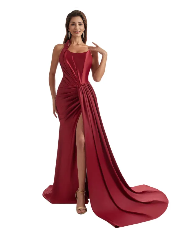 Sexy One Shoulder Mermaid Side Slit Soft Satin Unique Long Bridesmaid Dresses Online sold by ChicSew