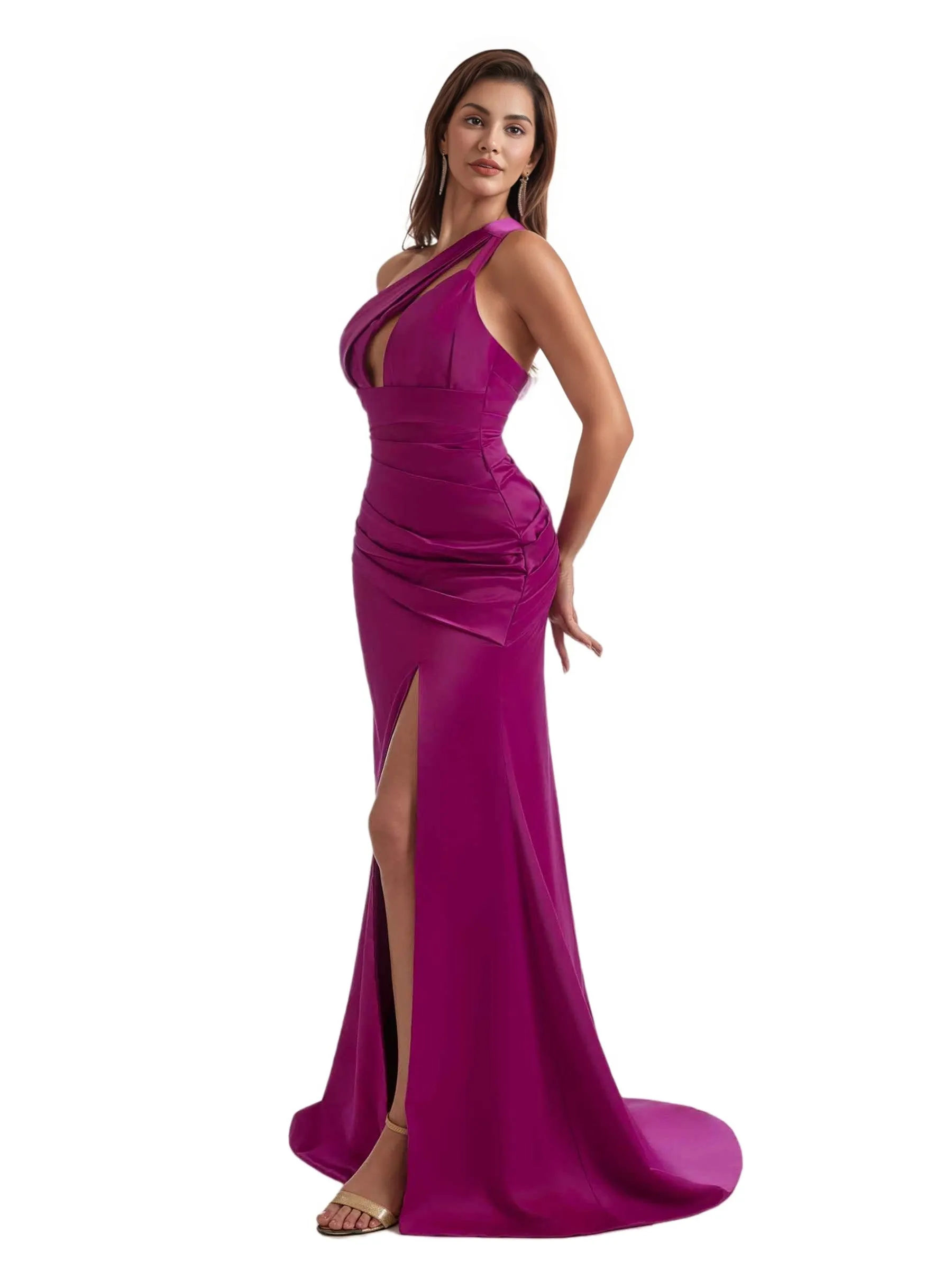 Gorgeous One Shoulder Mermaid Pleated Soft Satin Side Slit Long Bridesmaid Dresses sold by ChicSew product image thumbnail 4