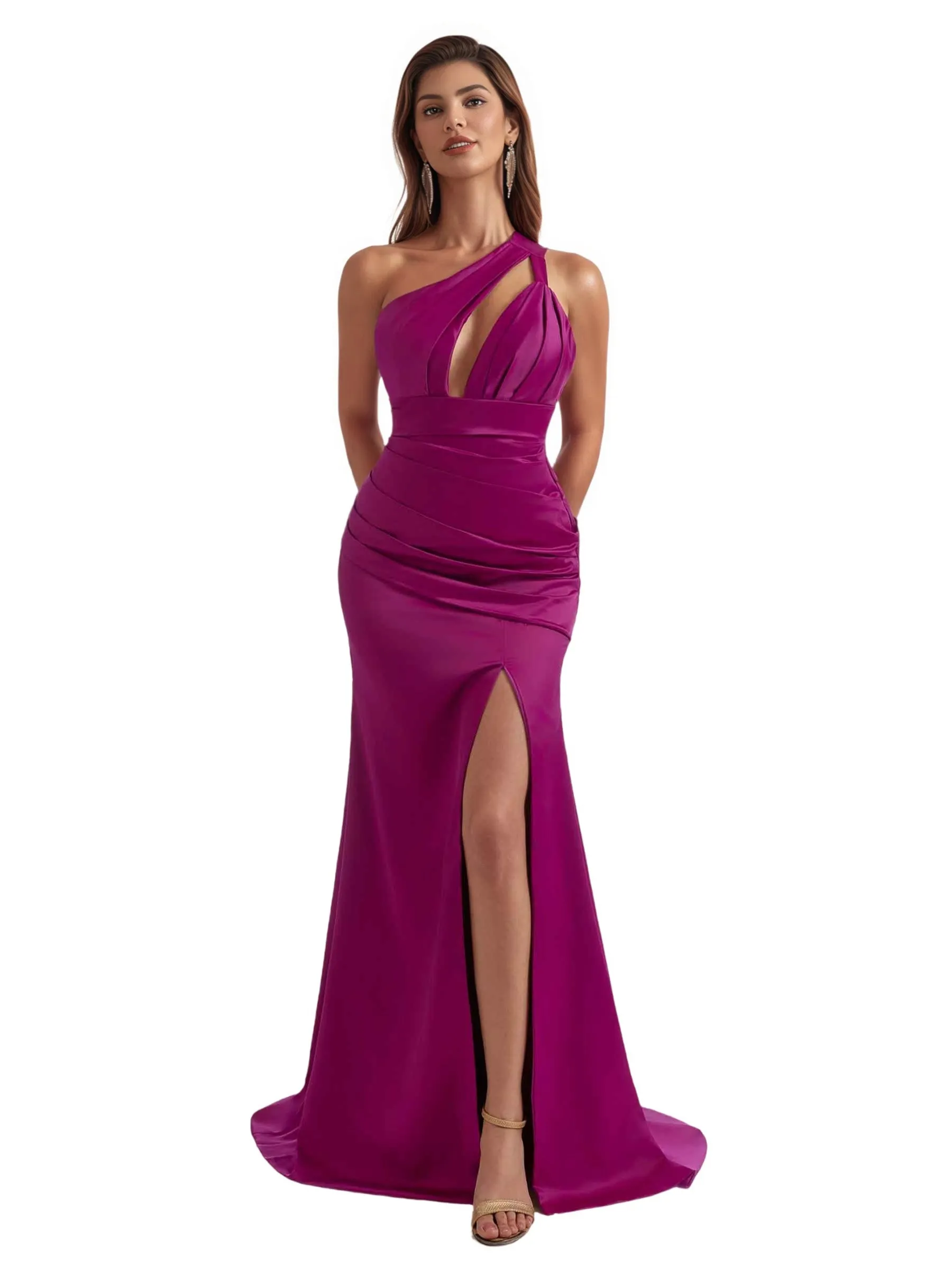 Gorgeous One Shoulder Mermaid Pleated Soft Satin Side Slit Long Bridesmaid Dresses sold by ChicSew