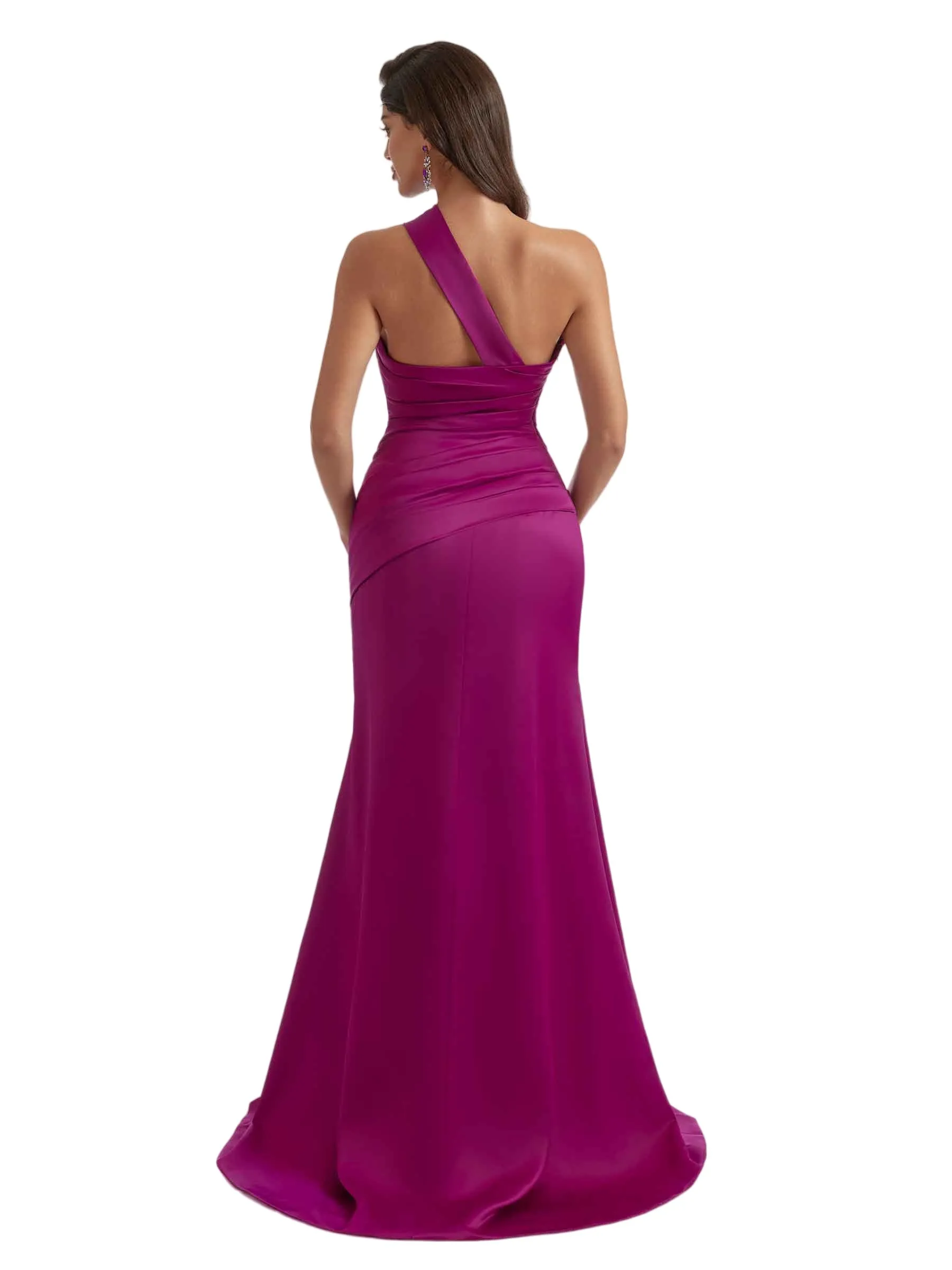 Gorgeous One Shoulder Mermaid Pleated Soft Satin Side Slit Long Bridesmaid Dresses sold by ChicSew product image thumbnail 3