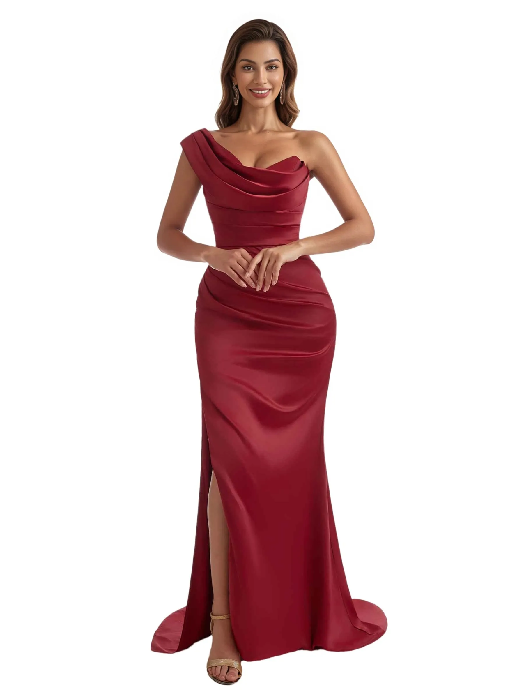 Sexy One Shoulder Side Slit Silky Satin Floor-Length Mermaid Bridesmaid Dresses sold by ChicSew product image thumbnail 5