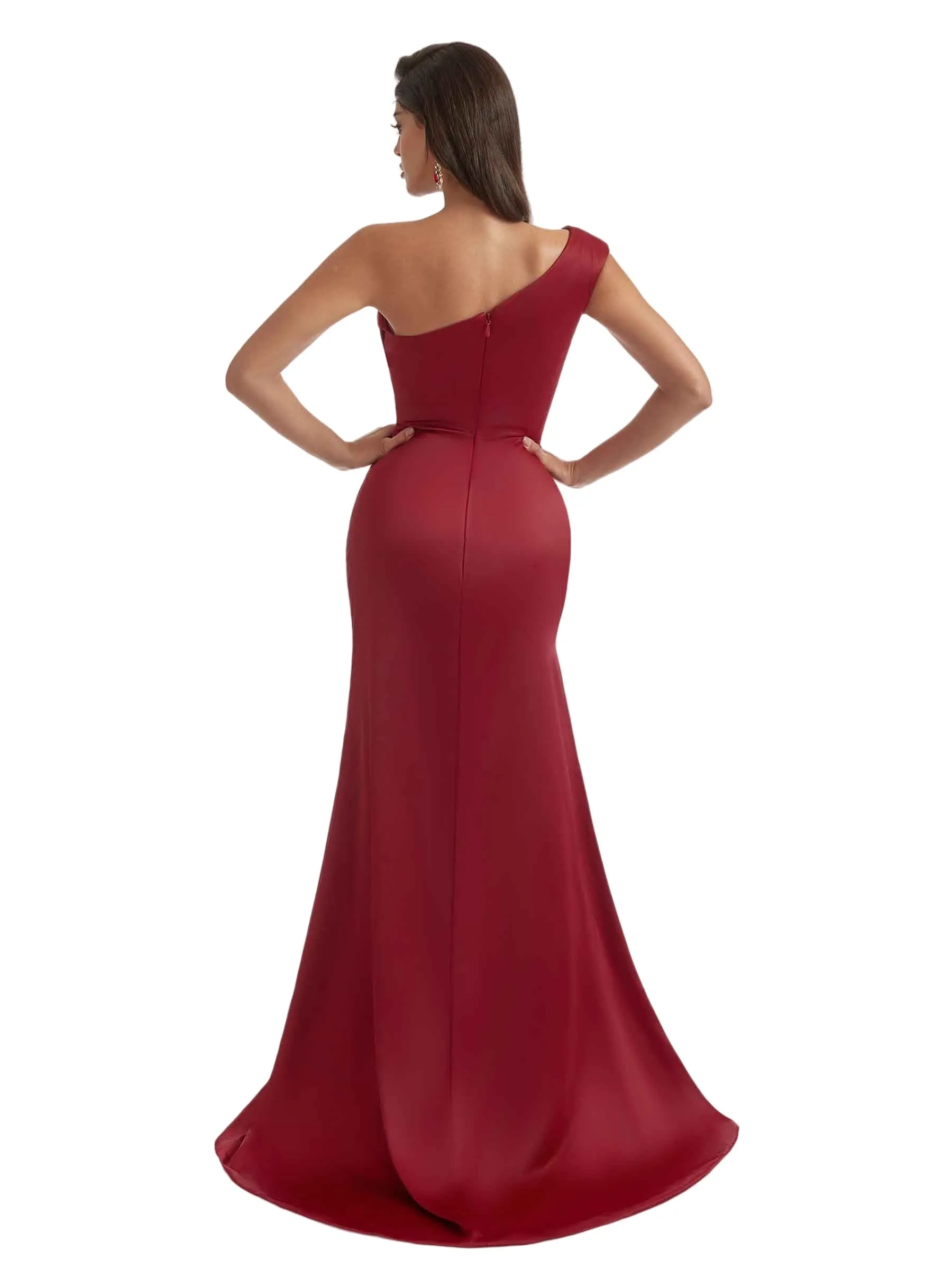Sexy One Shoulder Side Slit Silky Satin Floor-Length Mermaid Bridesmaid Dresses sold by ChicSew product image thumbnail 3