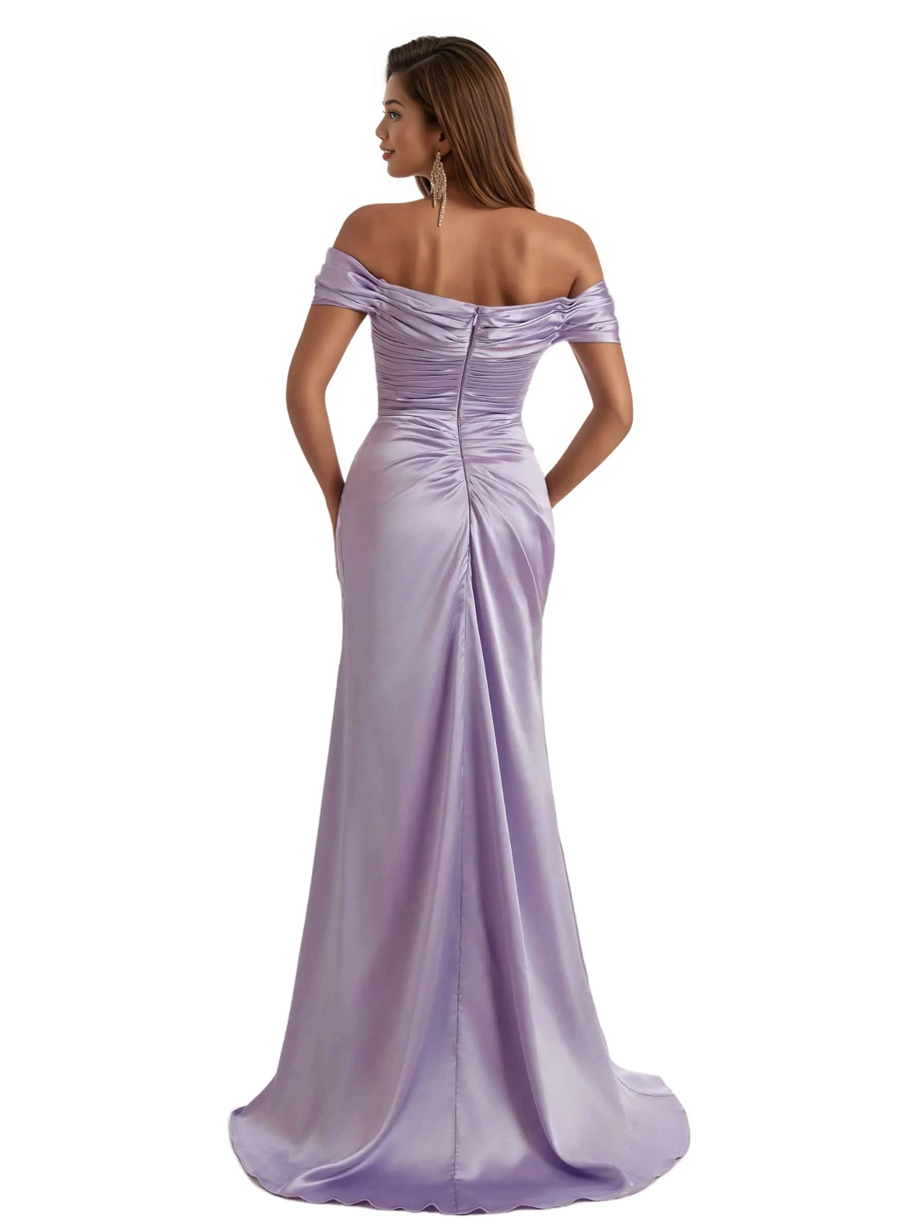 Elegant Off The Shoulder Split Mermaid Ruched Satin Women's Long Bridesmaid Dresses sold by ChicSew product image thumbnail 4