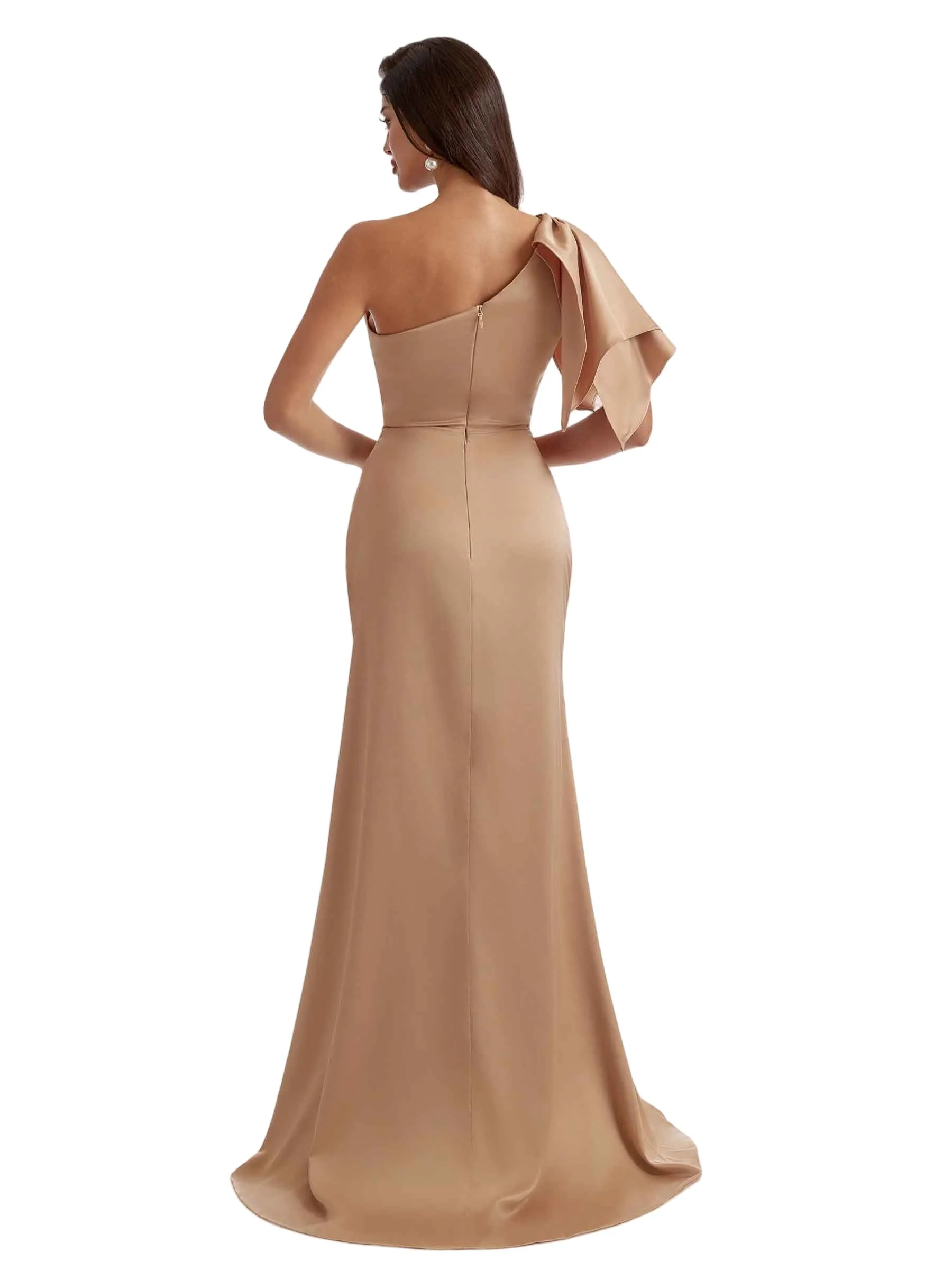 Gorgeous One Shoulder Mermaid Side Slit Silky Satin Long Bridesmaid Dress For Wedding sold by ChicSew product image thumbnail 3