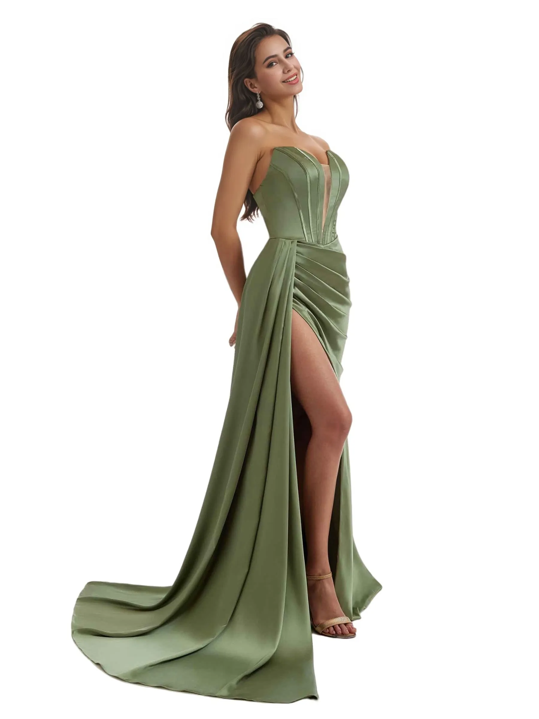 Sexy V-Neck Side Split Mermaid Ruched Satin Pretty Long Bridesmaid Dresses Online sold by ChicSew product image thumbnail 5