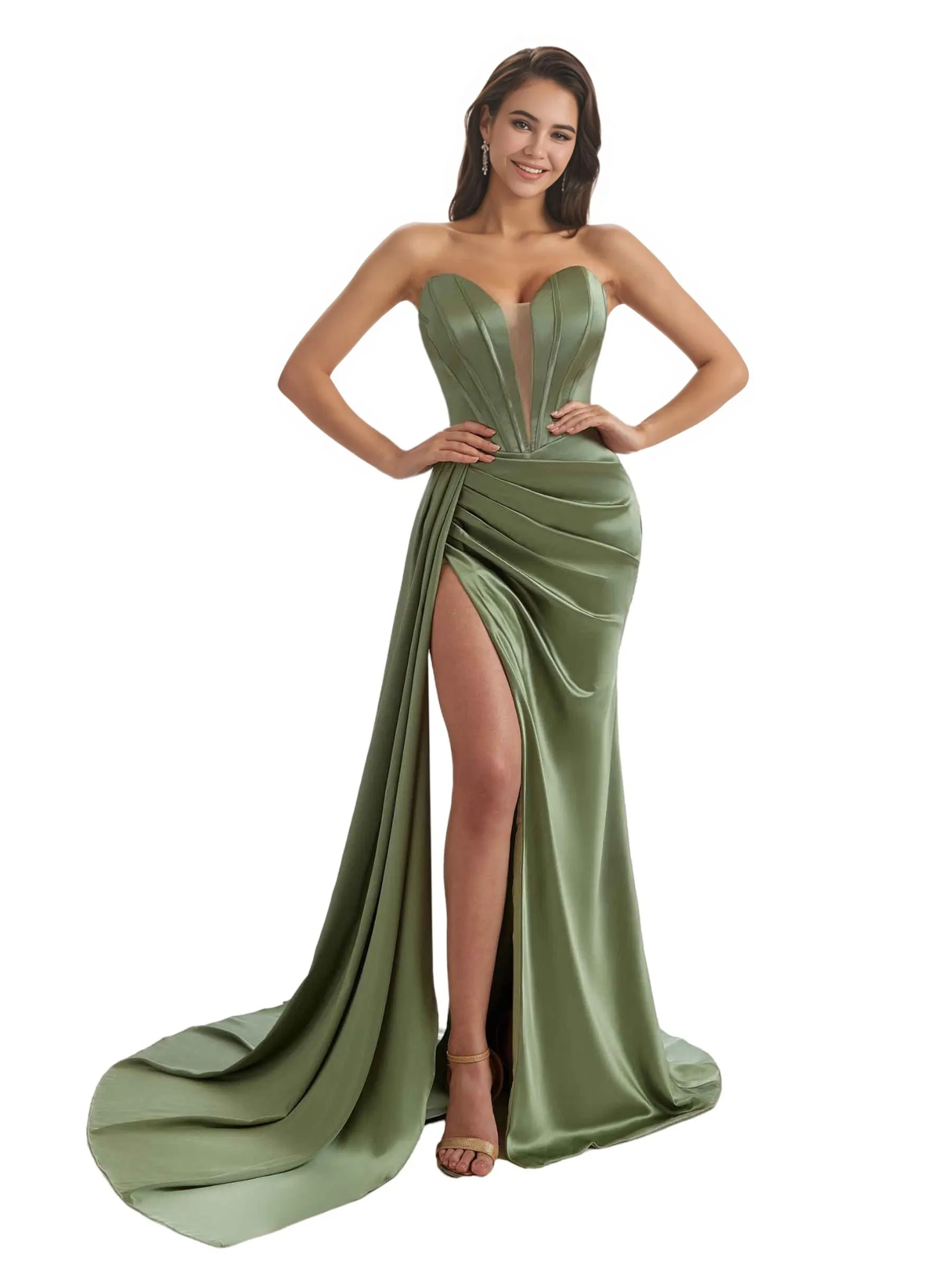 Sexy V-Neck Side Split Mermaid Ruched Satin Pretty Long Bridesmaid Dresses Online sold by ChicSew