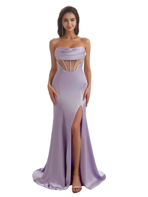 Elegant Sweetheart Mermaid Soft Satin Long Bridesmaid Dresses Sexy See Through sold by ChicSew