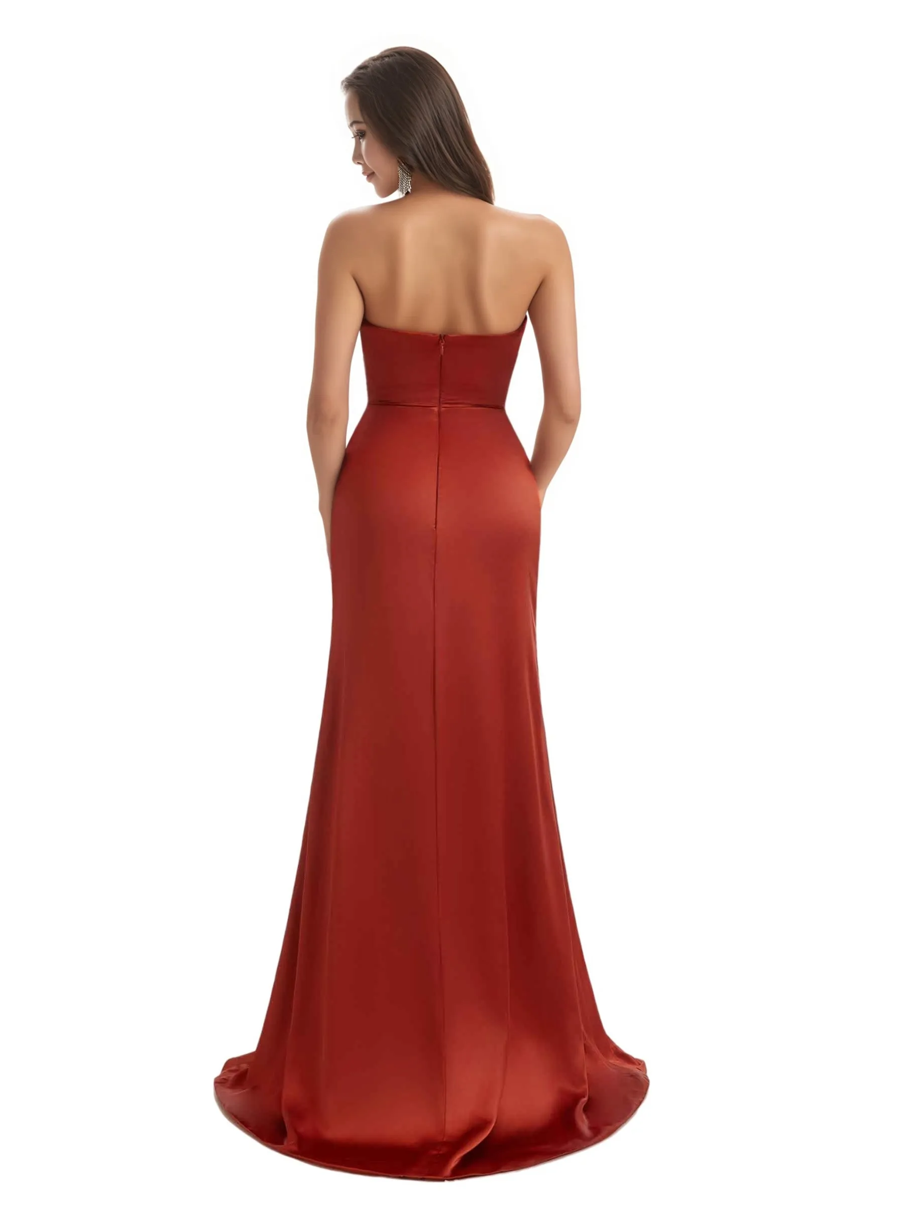 Elegant Sweetheart Ruffles Mermaid Satin Boho Chic Long Bridesmaid Dresses Slit sold by ChicSew product image thumbnail 3