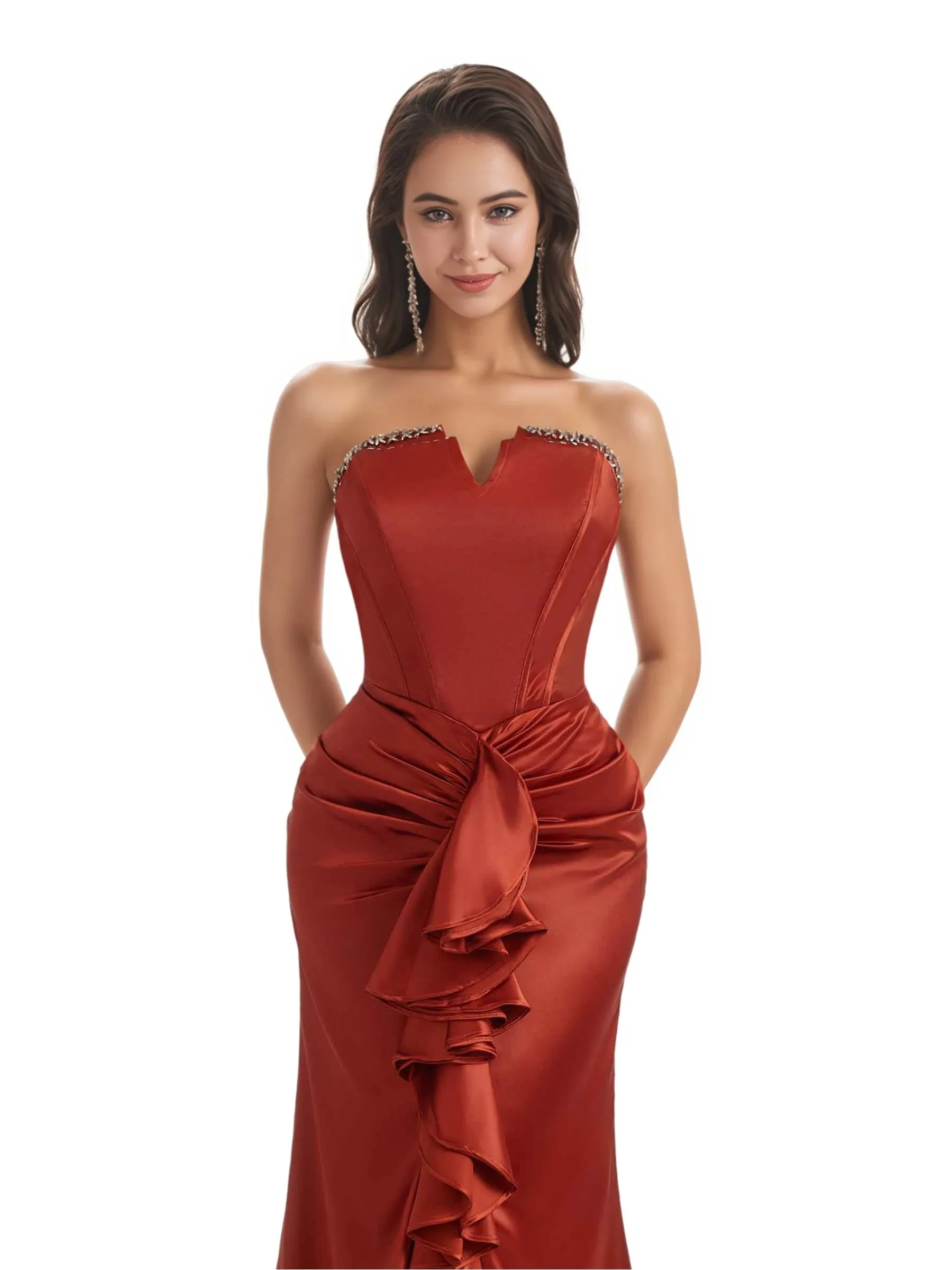 Elegant Sweetheart Ruffles Mermaid Satin Boho Chic Long Bridesmaid Dresses Slit sold by ChicSew product image thumbnail 4