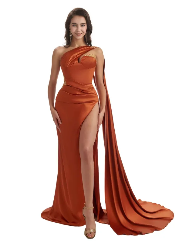 Unique One Shoulder Lace Mermaid Silky Satin Long Bridesmaid Dresses Side Split sold by ChicSew