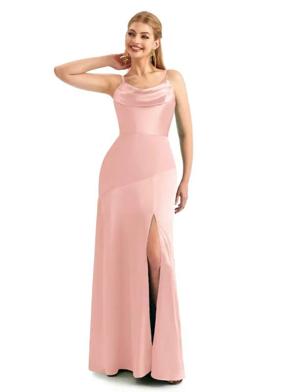 Casual Boho Scoop Cowl Neck Satin Bridesmaid Dresses sold by ChicSew