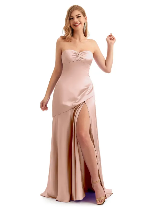 Ruched Center Bust Sweetheart Satin Boho Bridesmaid Dresses sold by ChicSew