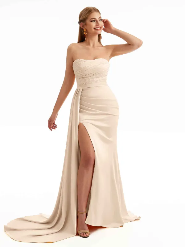 Strapless Side Sash Overlay Boho Bridesmaid Dresses Stretch Satin sold by ChicSew