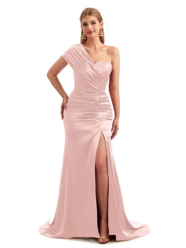 Sophisticated Satin One Shoulder Ruched Slit Boho Bridesmaid Dresses sold by ChicSew
