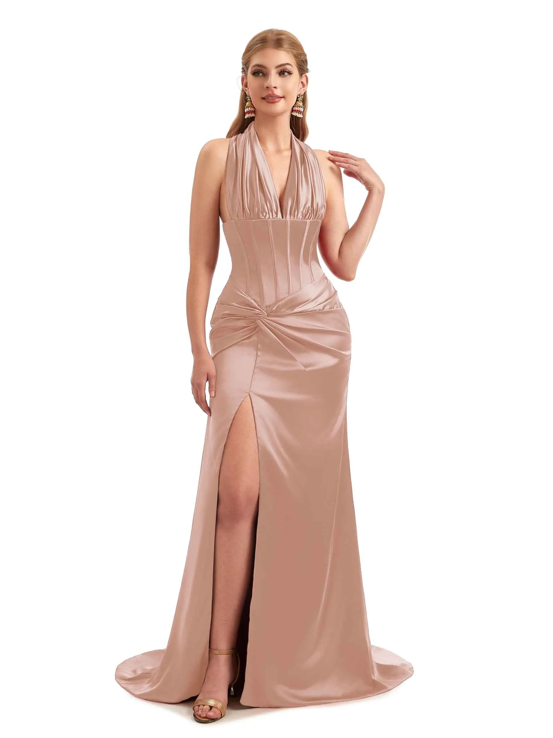 Stunning Satin Halter Corset Slit Boho Bridesmaid Dresses sold by ChicSew