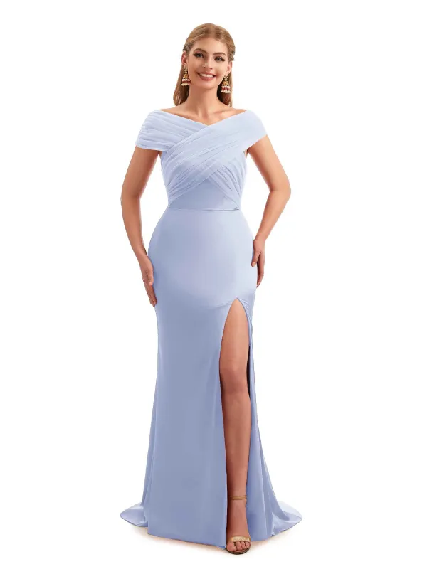 Chic Off-Shoulder Crossed-Neckline Boho Satin Bridesmaid Dress sold by ChicSew