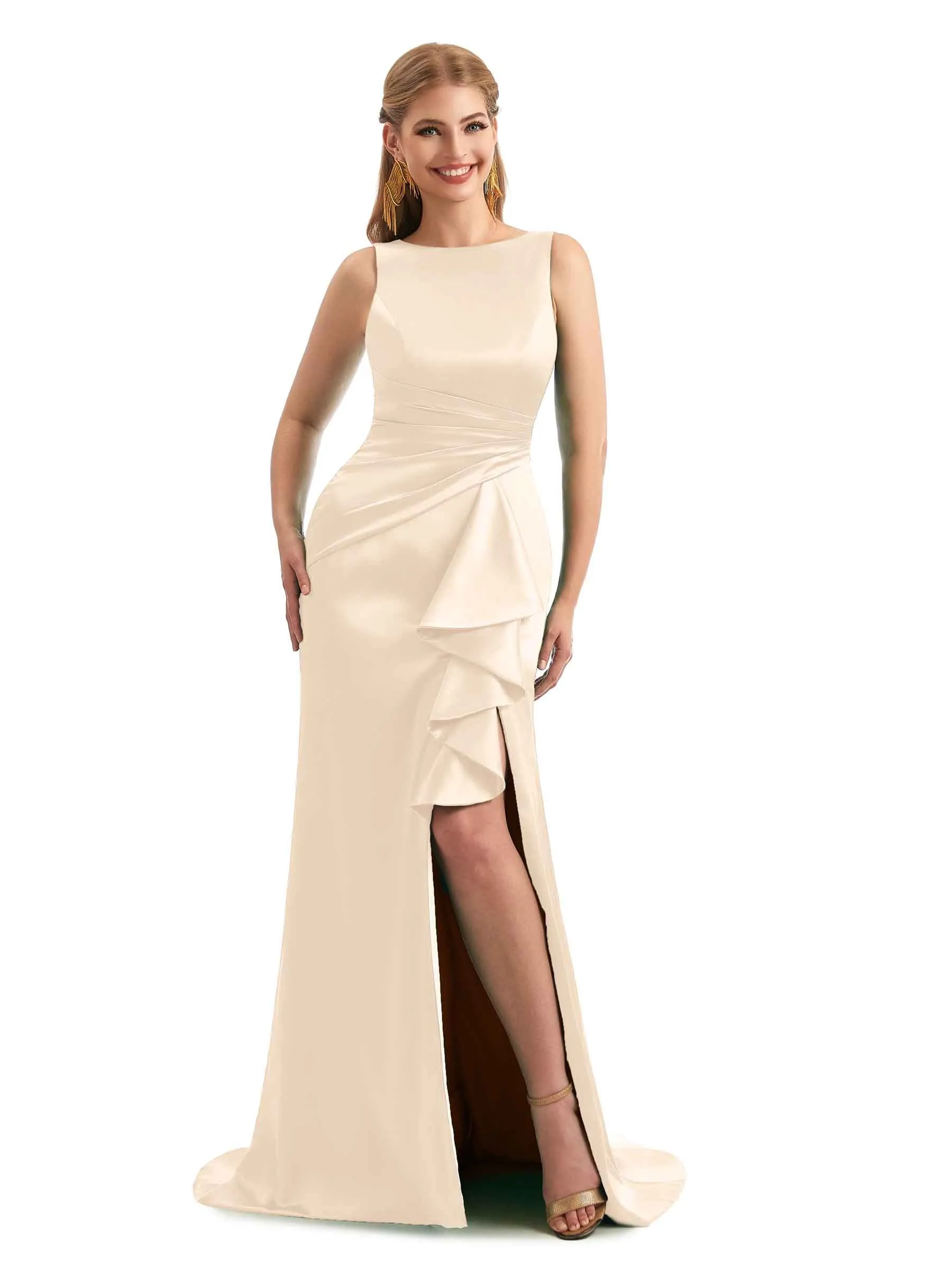 Boat Neck Ruffled Slit Boho Bridesmaid Dress Satin sold by ChicSew