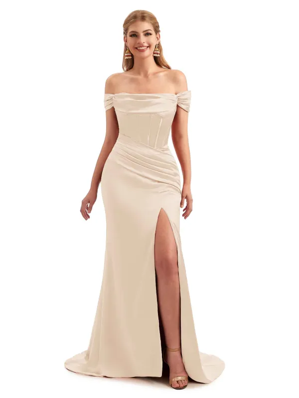 Off-Shoulder Corset Boho Floor-Length Satin Bridesmaid Dress sold by ChicSew