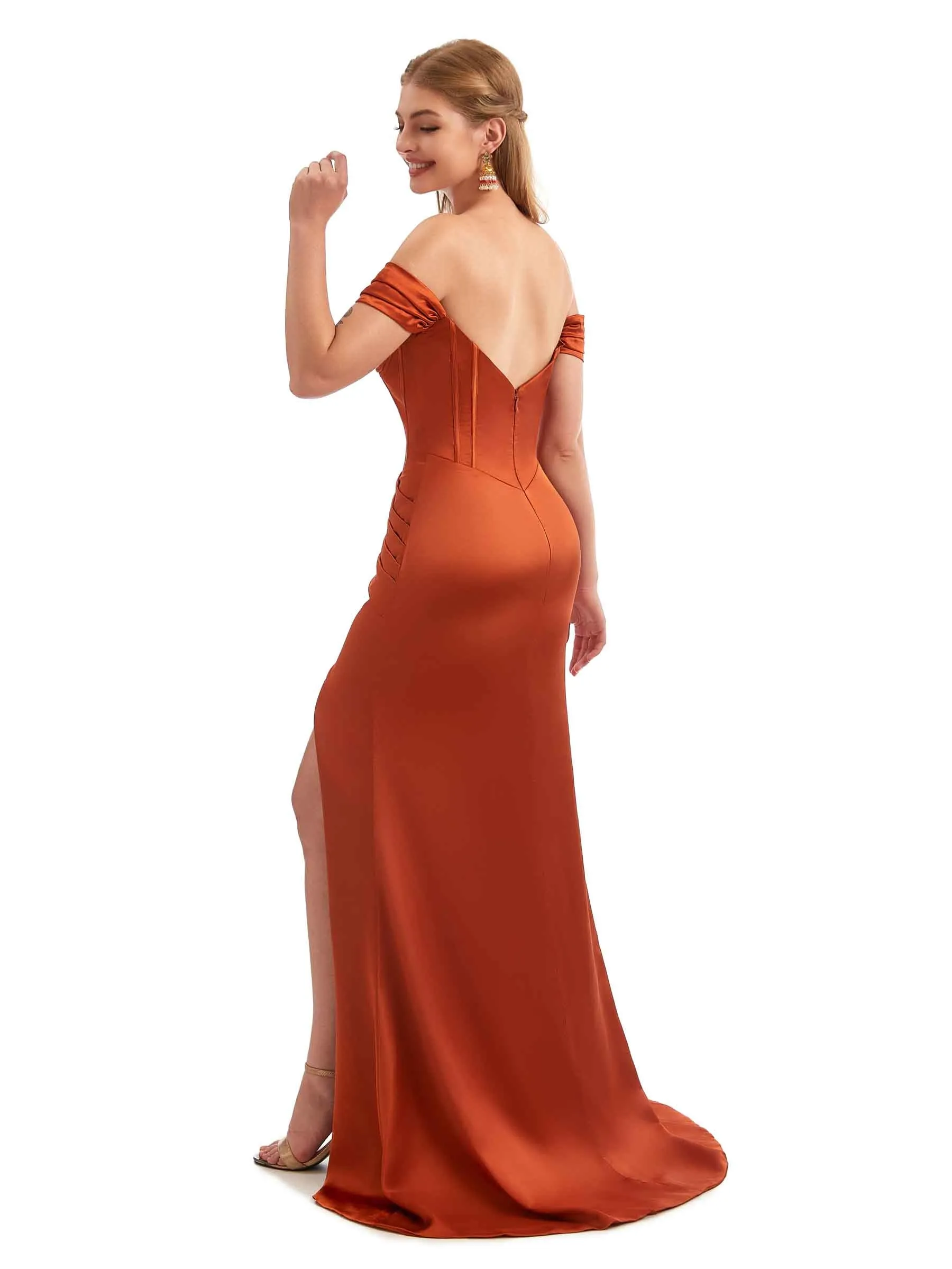 Off-Shoulder Corset Boho Floor-Length Satin Bridesmaid Dress sold by ChicSew product image thumbnail 5